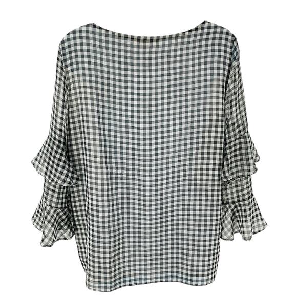 Calvin Klein Black White Gingham Check Chiffon Flare Ruffle Career Blouse Top S - Picture 5 of 10